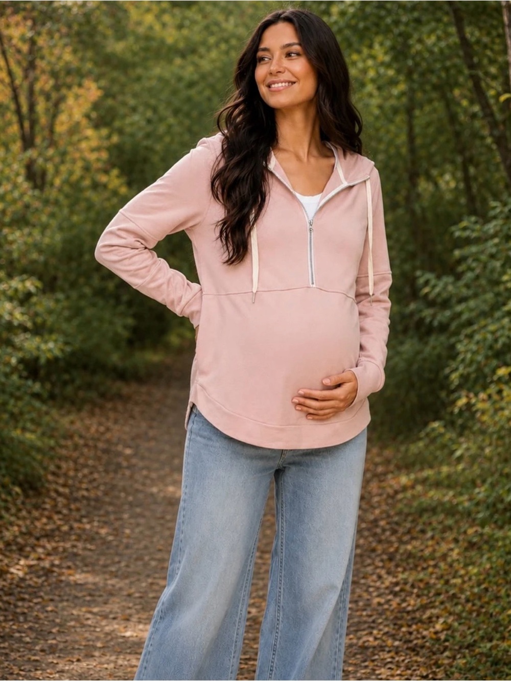 Bae the Label - Maternity Half-Zip Hoodie Pullover - Blush Pink